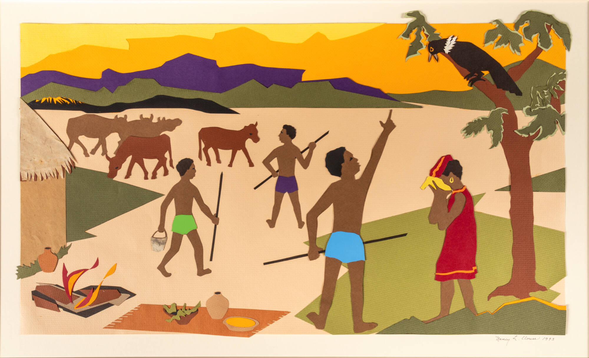Colorful collage with a scene of a man pointing to a crow in a tree while his wife is crying next to him. His children are working in the background while cattle grazes nearby.